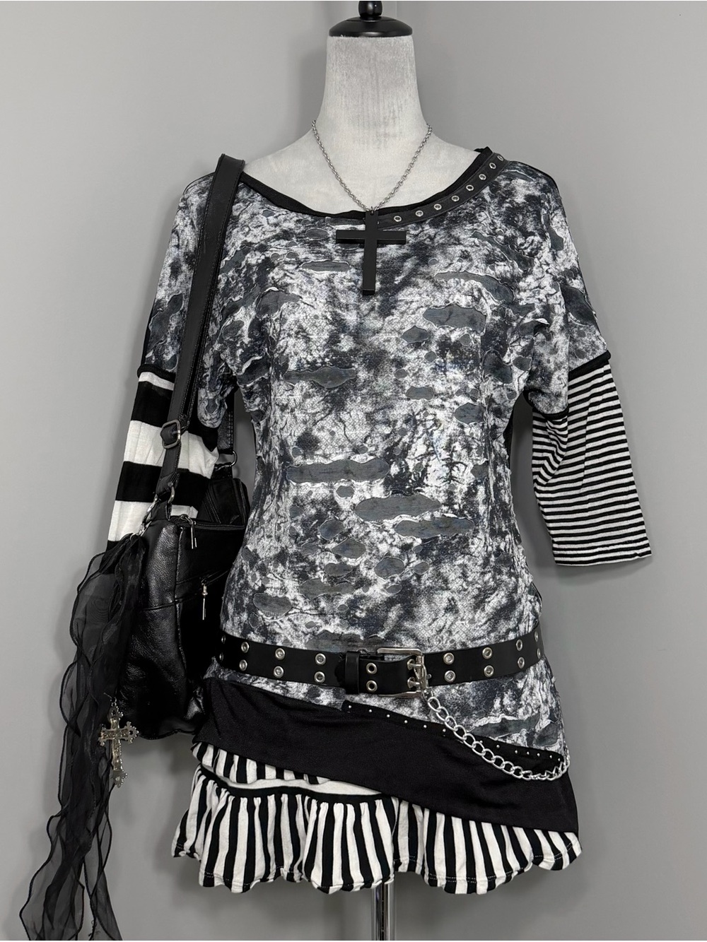 Korean Vintage ANAC by Kimi Asymmetric Mixed Media Distressed Tunic Top